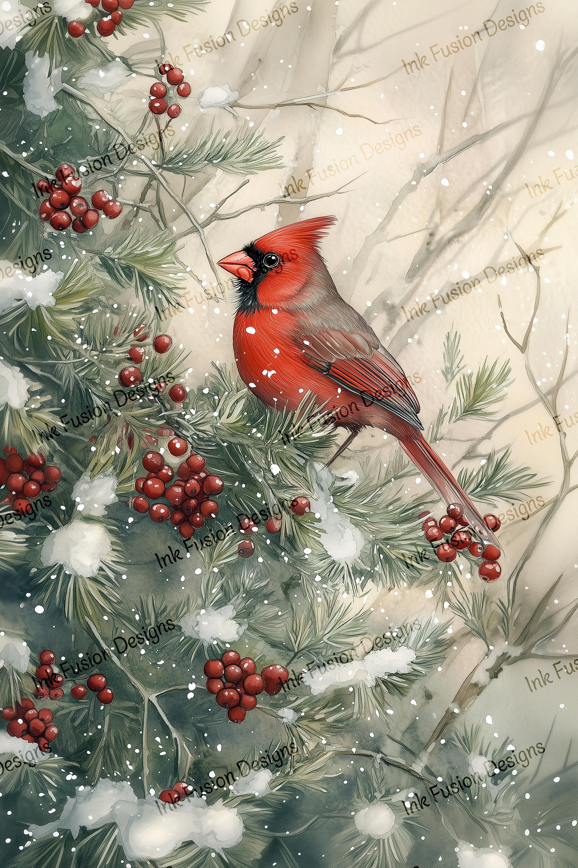 Winter Cardinal Art Print: Snowy Tree Branch, Red Berries