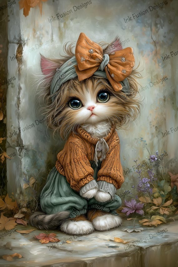 Cottagecore Kitten Art Print, Tabby Cat, Autumn Nursery Decor
