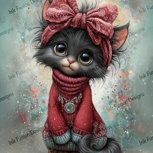 May include: A charming illustration of a grey cat adorned in a red sweater, bow, and necklace. The cat features large eyes and is set against a soft, painterly backdrop. The image has the text "Ink Fusion Designs".