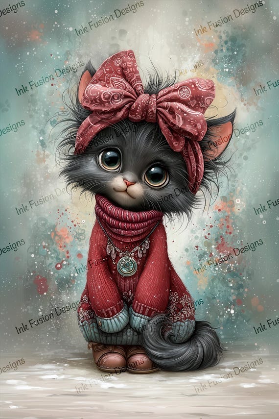 Kitten Art Print | Charcoal Kitty in Red Sweater, Nursery Decor