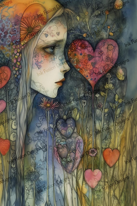 Moonlit Garden Art Paper: Ethereal Woman, Heart Flowers