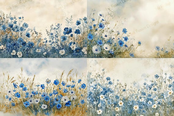 Blue Blossom Meadow Art Paper: Watercolor Floral Print