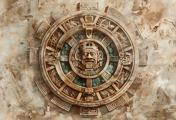Mayan Calendar Art Print: Mesoamerican Sun Wheel, Aztec Decor