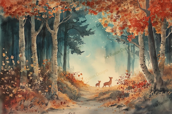 Deer in a Grove Art Print | Watercolor Autumn Forest