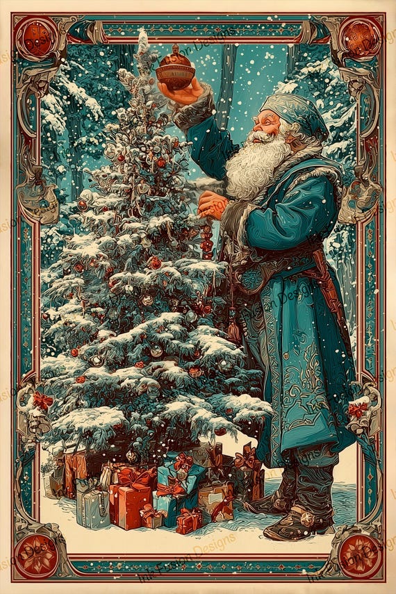 Art Nouveau Santa Print, Vintage Christmas Tree Illustration