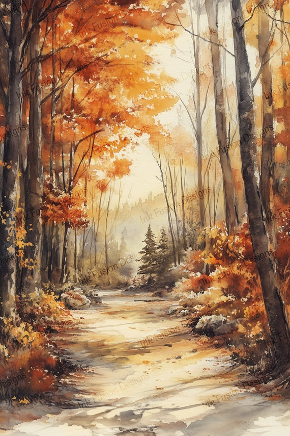 Misty Autumn Forest Art Print: Watercolor Woodland Landscape