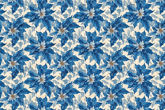 Vintage Blue Poinsettia Art Paper: Winter Floral Decoupage