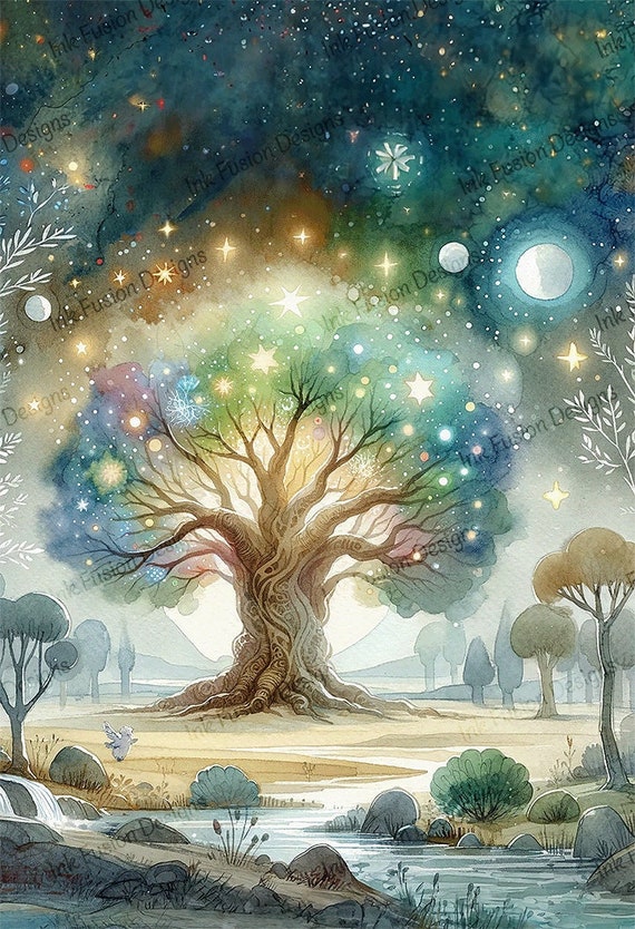 Dreaming Tree Art Print: Celestial Watercolor Paper