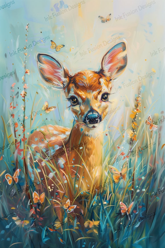 Fawn and Butterflies Art Print: Whimsical Meadow Scene