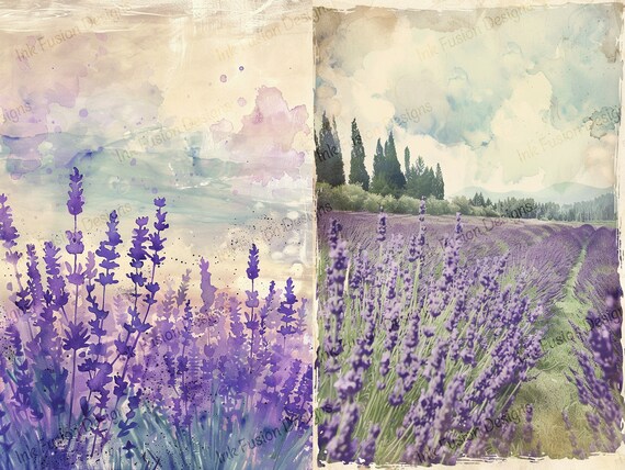 Lavender Field Watercolor Art Prints: Vintage Floral Landscape