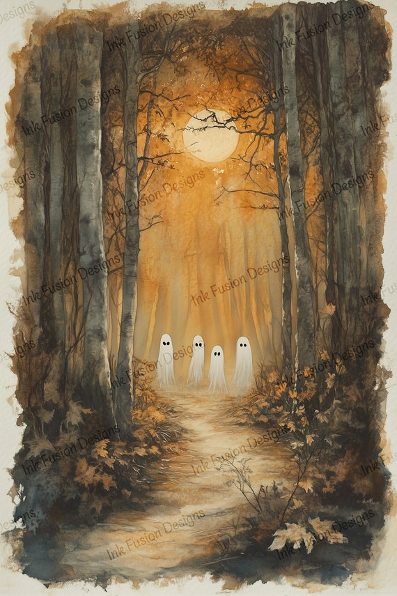 Ghostly Moonlit Forest Art Paper: Spooky Autumn Decor