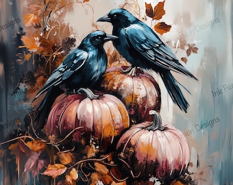 Lámina artística de cuervos y calabazas: decoración otoñal