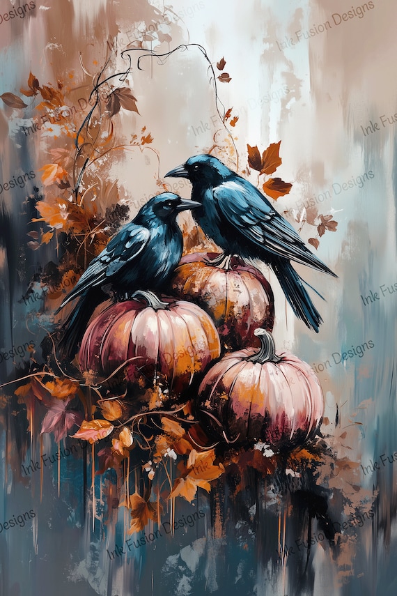 Raven and Pumpkins Art Print: Autumn Fall Decor