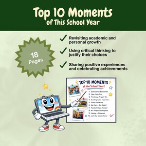 Puede incluir: Un gráfico colorido que promociona los "10 Mejores Momentos de Este Año Escolar". La imagen presenta una laptop de dibujos animados que señala una lista de diez momentos destacados del año escolar. El gráfico también incluye el texto "18 Páginas".