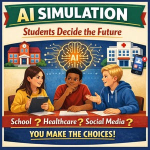 May include: An illustration promoting AI simulation, featuring three students at a table. The text reads "AI SIMULATION Students Decide the Future." The image includes a school, hospital, smartphone, and the questions: "School? Healthcare? Social Media? YOU MAKE THE CHOICES!"