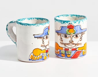 Vintage Giovanni DeSimone Italian Pottery Mugs with Figural Soldier Designs // Pair of 1960s Hand-Painted Ceramic Coffee Cups // Set of 2