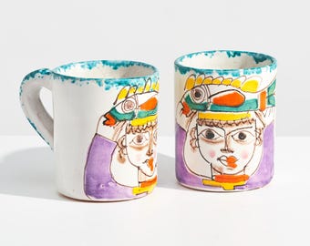 Vintage Giovanni DeSimone Italian Pottery Mugs with Whimsical Face and Fish Design // Pair of Hand-Painted Ceramic Coffee Cups // Set of 2