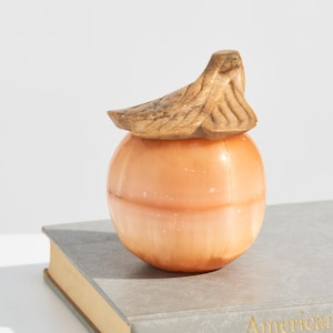 Pode incluir: Um objeto decorativo esférico cor de pêssego com um topo de madeira esculpida, repousando sobre um livro cinza intitulado "American Poetry". O objeto tem uma superfície lisa e polida e uma estética natural e orgânica. O topo de madeira tem um design em forma de folha.