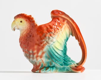 1910s Antique Royal Bayreuth Parrot Pitcher // Vintage Colorful Porcelain Zoomorphic Bird Vase