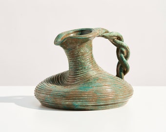 Vintage Studio Pottery Pitcher Vase // Handmade Ceramic Jug with Turquoise and Brown Glaze Ribbed Design