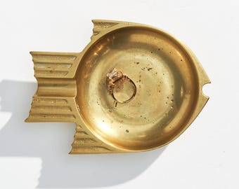 Vintage Modernist Brass Fish Ashtray by Jan Witke // Sleek Polish Gold Metal Ring Dish