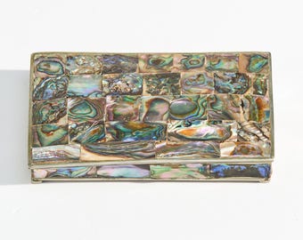 Vintage sieradendoos van abalone schelp en alpaca zilver.