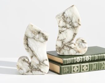 Vintage Elegant White Marble Bookends // Scroll Form Carved Stone Sculptures