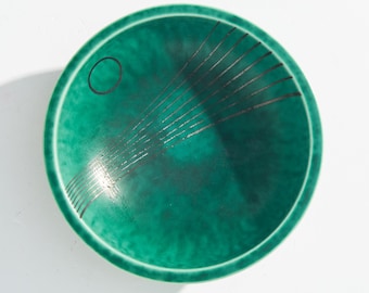 Vintage Zweedse Wilhelm Kage Argenta kom uit de jaren 1930 voor Gustavsberg // Art Deco turquoise keramische schaal met sterling zilveren overlay