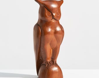 Vintage MCM Wooden Owl Sculpture // Modernist Teak Wood Bird Statue