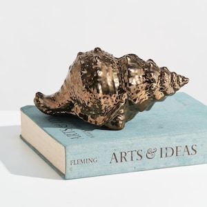 Könnte beinhalten: Eine bronzefarbene Muschelbildhauerarbeit mit strukturierter Oberfläche, die auf einem hellblauen Buch mit dem Titel "ARTS & IDEAS" von Fleming ruht. Die Skulptur hat ein detailliertes, naturalistisches Design.
