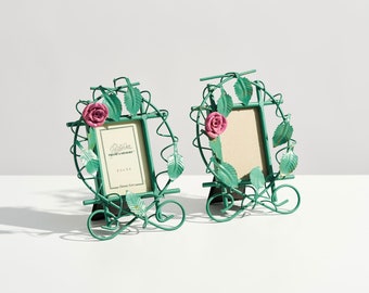 Pair of Vintage 1990s Metal Small Picture Frames // Pink Rose and Green Vines on Trellis