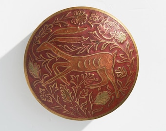 Vintage Enameled Brass Lidded Bowl with Red Botanical Antelope Design