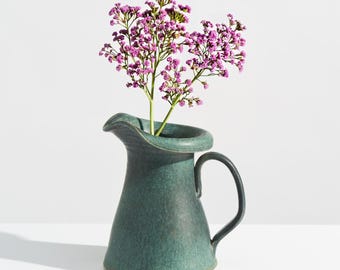 Vintage Teal Blue Studio Pottery Pitcher Vase // Artisan Ceramic Vessel with Handle