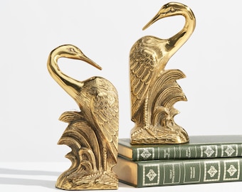 Vintage messing art deco kraanvogel boekensteunen // Zeldzaam paar MCM gouden reiger- en zilverreigersculpturen