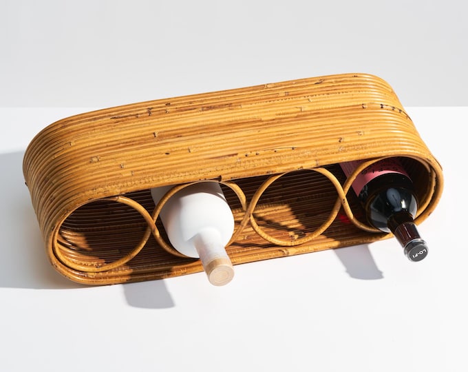 Vintage Mid Century Italienisches Bambus Bleistift Reed Wein Regal // Arbeitsplatte Aufbewahrung für 4 Weinflaschen