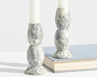 Pair of Vintage Soapstone Candle Holders with Mottled Blue Gray Veining