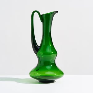 Sculptural Vintage Polish Green Glass Pitcher // Tall Mid-Century Hand Blown Glass Vase // Made In Poland