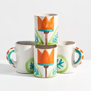 Vintage Giovanni DeSimone Italian Pottery Mugs with Stylized Orange Tulips // 1960s Hand-Painted Ceramic Coffee Cups // Set of 4