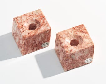 Vintage Pink Onyx Tellez Candle Holders // Pair of Mexican Marble Stone Candleholders