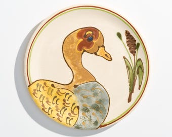 1970s Vintage Janet Rothwoman Hand-Painted Stoneware Duck Plate // Artist Signed
