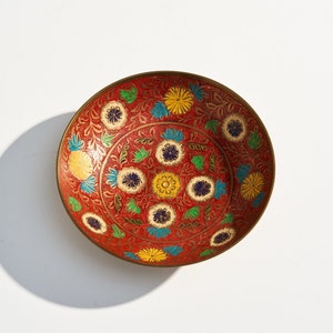 Vintage Floral Brass Pedestal Bowl With Beautiful Etched and Hand Painted Details