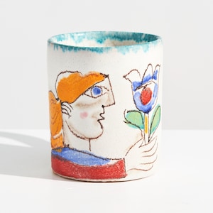 Vintage Giovanni DeSimone Italian Pottery Mug with Woman Holding Flower Motif // 1960s Hand-Painted Ceramic Coffee Cup
