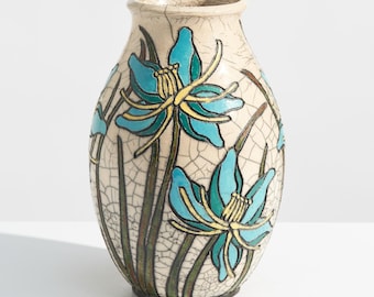 Vintage Raku vaas van paardenhaar aardewerk met blauwe bloemen // Gesigneerd door de kunstenaar