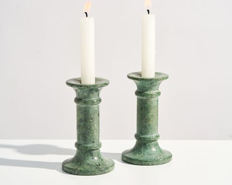 Pair of Vintage Green Marble Taper Candle Holders