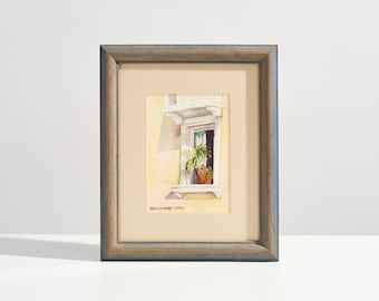 Vintage Original Watercolor Painting of Potted Palm and Flowers on Window // Artist Signed Cathy Cranford Futral // Blue Painted Wood Frame