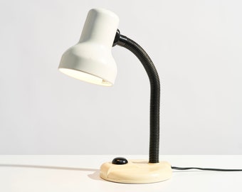 Vintage Industrial Gooseneck Desk Lamp // Black, White, and Cream // Metal and Plastic