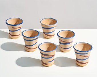 Vintage Handmade Studio Pottery Cups // Artist Signed // Set of 6 // Abstract Stripe Design