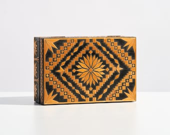 Vintage Bulgarian Jewelry Box with Straw Marquetry Inlay // Handmade Folk Art Wooden Trinket Box