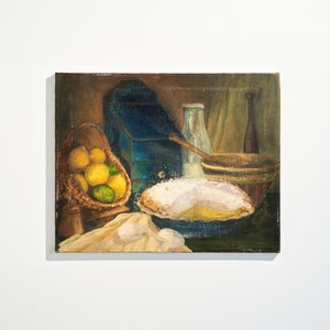 Vintage origineel stillevenschilderij van een bakscène // humeurige keukenkunst, geschilderd op canvas