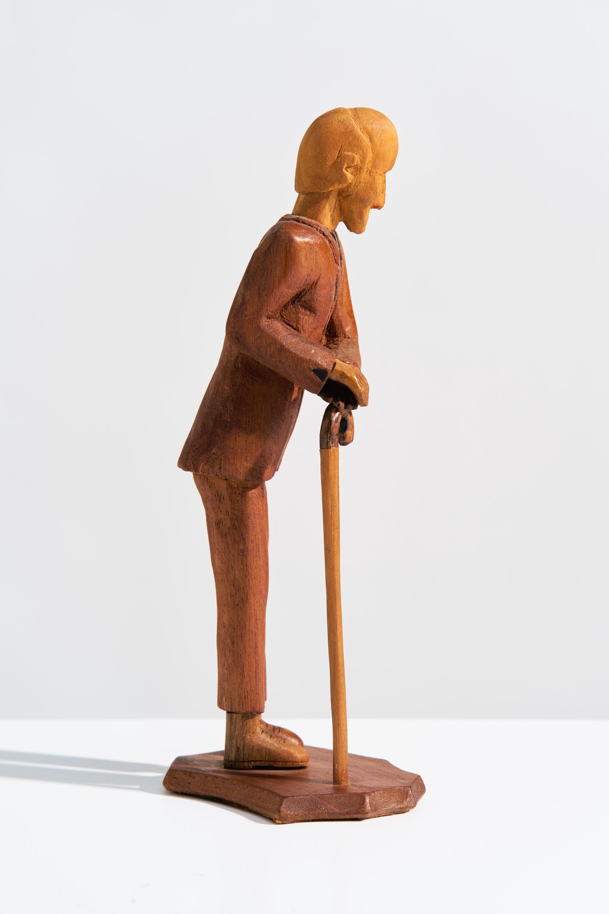 Vintage Folk Art Wood Sculpture of an Elderly Man With Cane